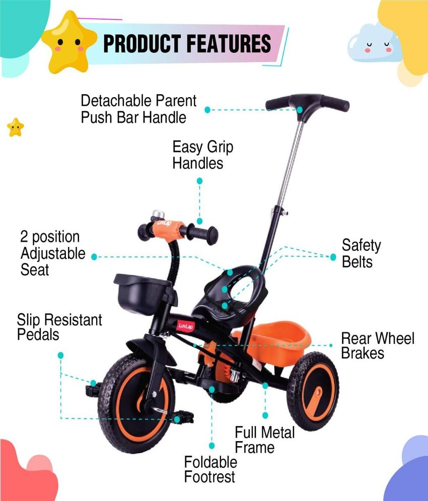 Elegant Kids Tricycle with Push Bar, Orange 