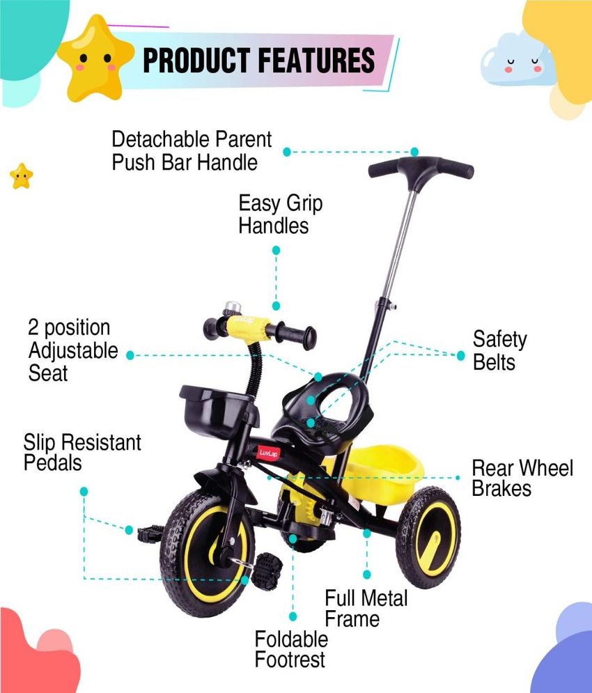 Elegant Kids Tricycle With Push Bar, Yellow 